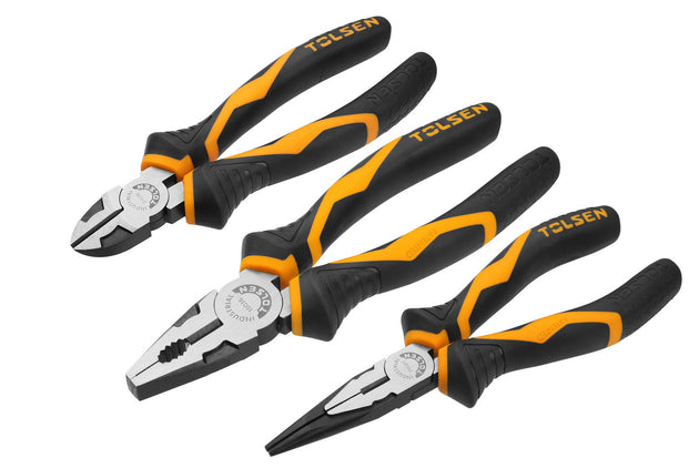 Tolsen Plier Set 3 Piece (200mm Combination Pliers, 150mm Diagonal Cutting Pliers, 150mm Long Nose Pliers - Industrial) - Buy Now Online at Trade DIY Direct