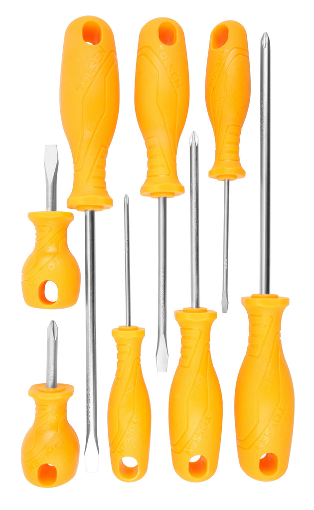 Tolsen Screwdriver Set 8 pcs Yellow Handle Sl3.0X75mm Sl5.5X100mm Sl6.5X150mm Sl6.5X38mm Ph0X75mm Ph1X100mm Ph2X150mm Ph2X38mm - Buy Now Online at Trade DIY Direct